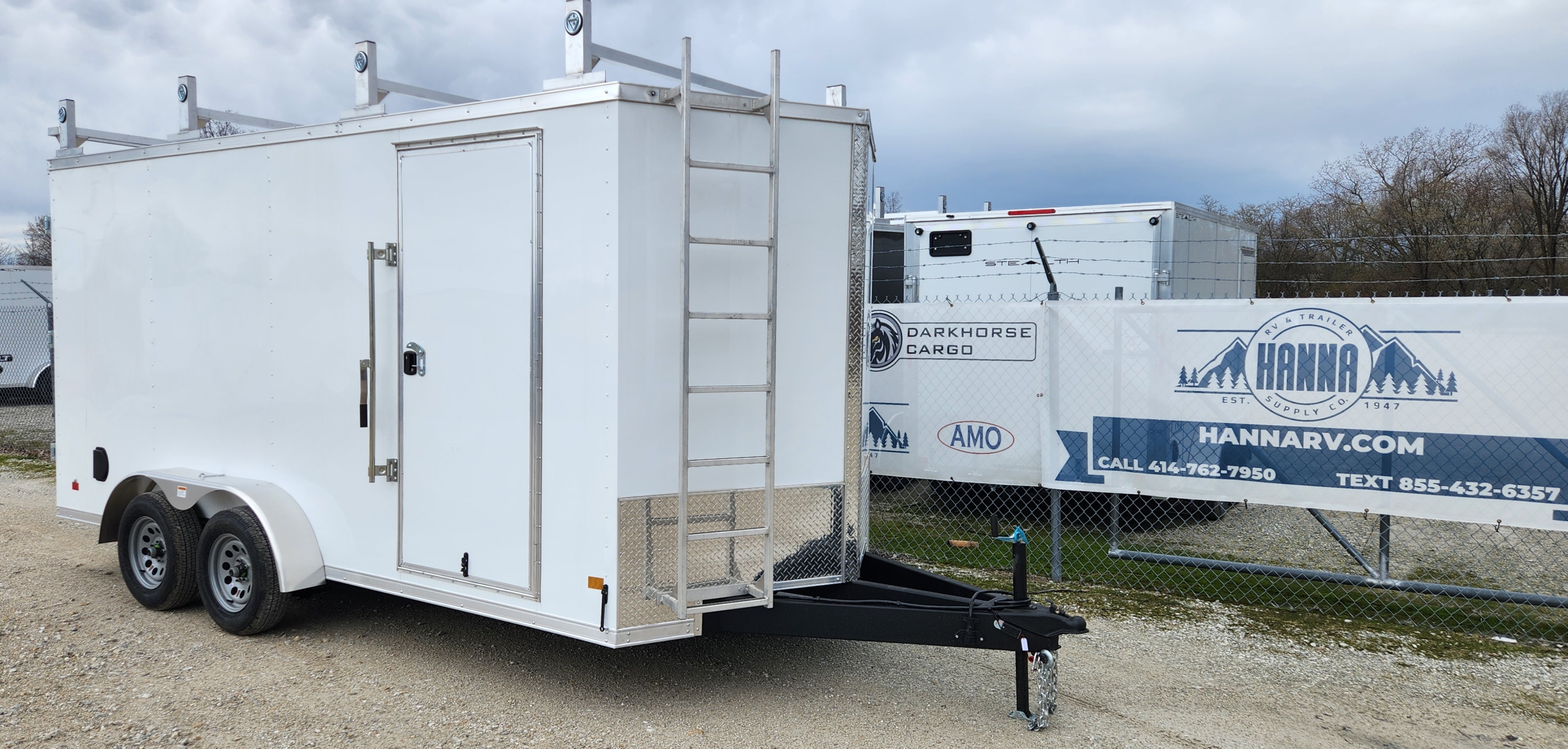 DarkHorse 7X14 Wedge Nose Tandem Axle Steel Contractor Cargo Trailer with Double Rear Doors, 12" Extra Height - 2500 Series - White